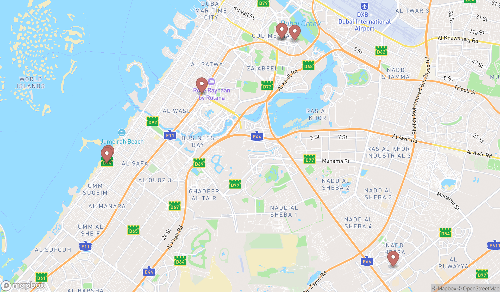 Map showing the search results in Dubai