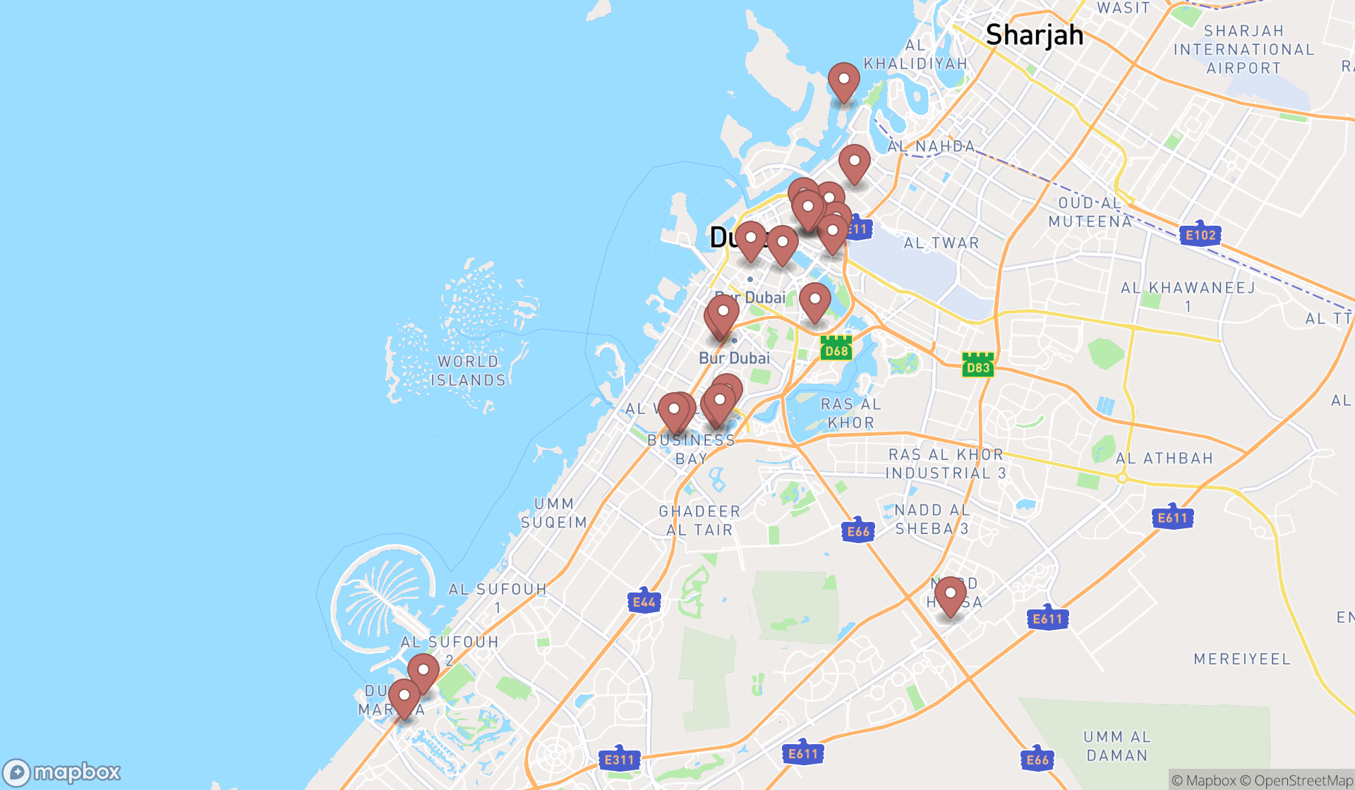Map showing the search results in Dubai
