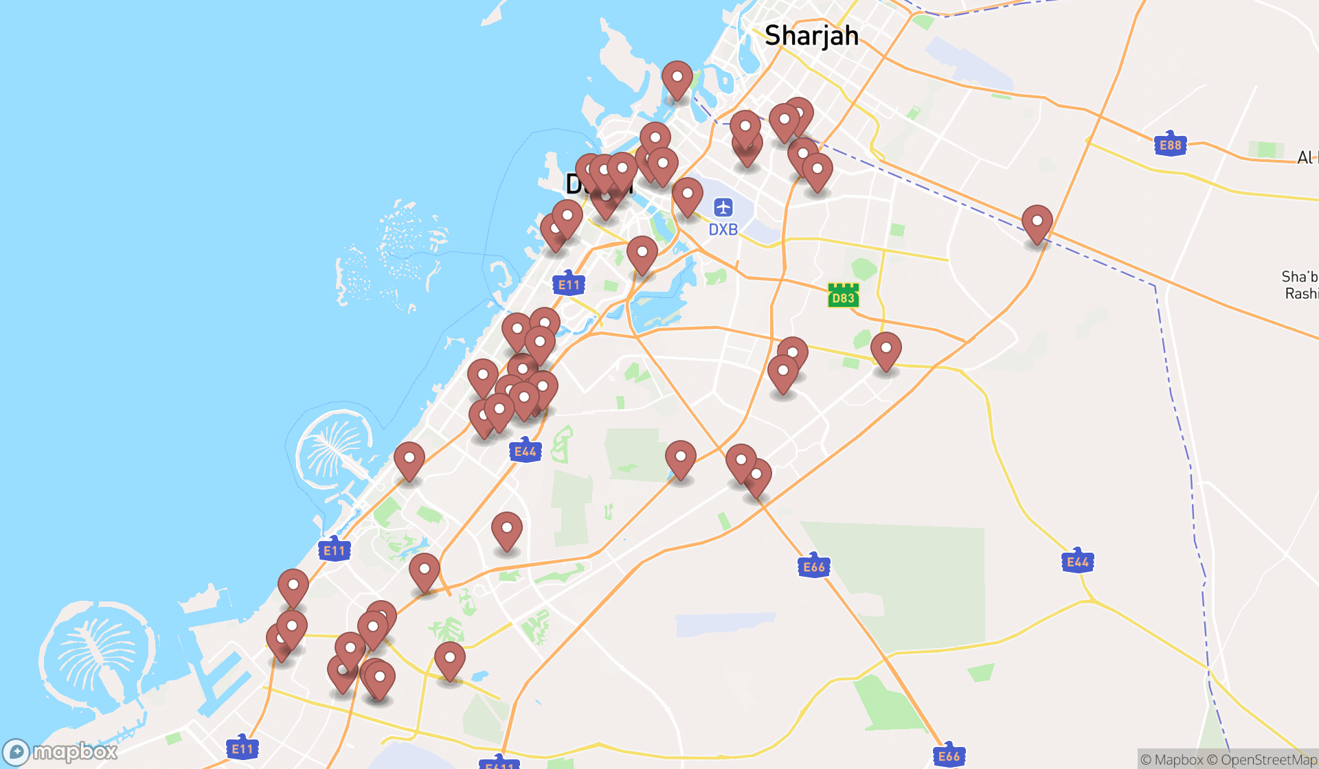 Map showing the search results in Dubai