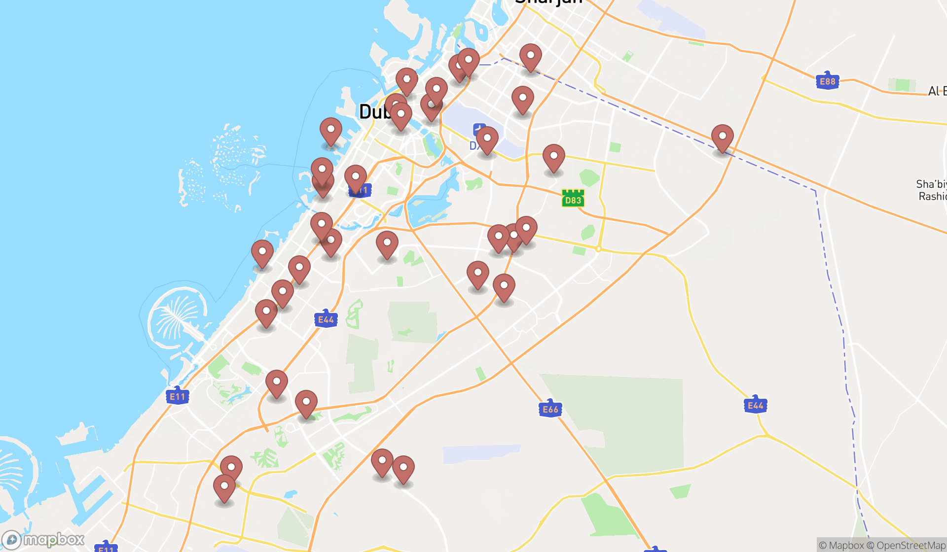 Map showing the search results in Dubai