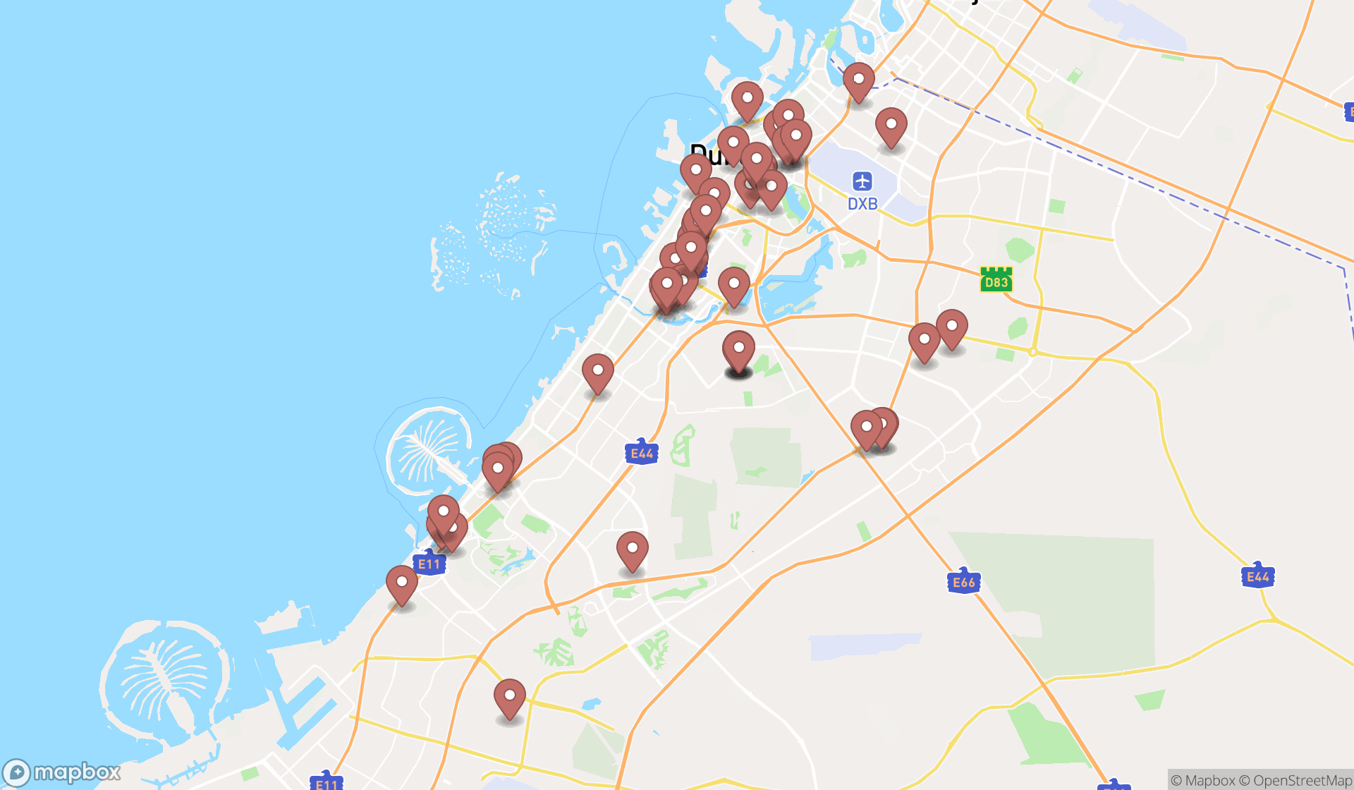 Map showing the search results in Dubai