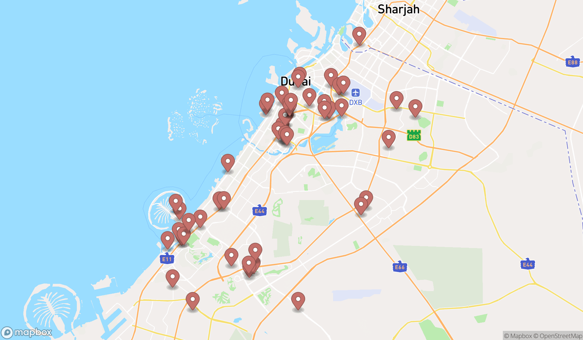 Map showing the search results in Dubai