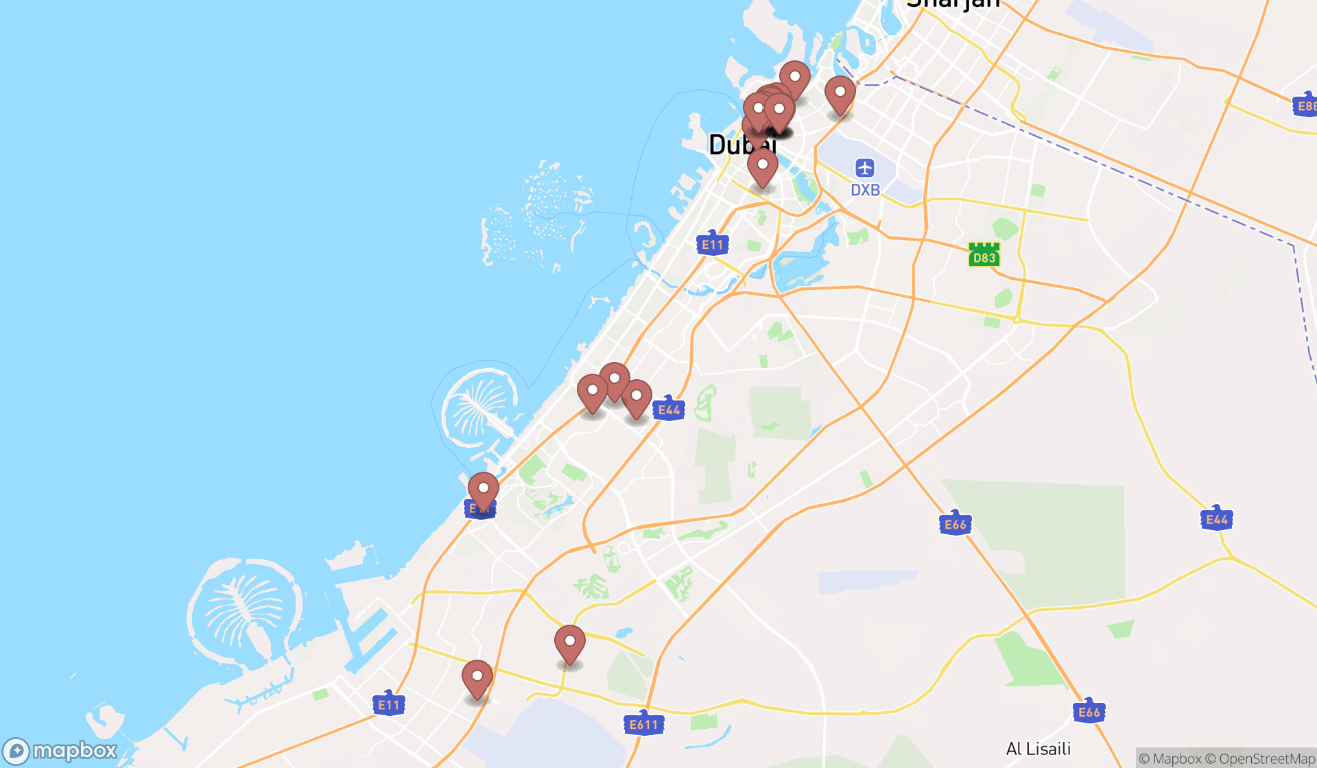 Map showing the search results in Dubai