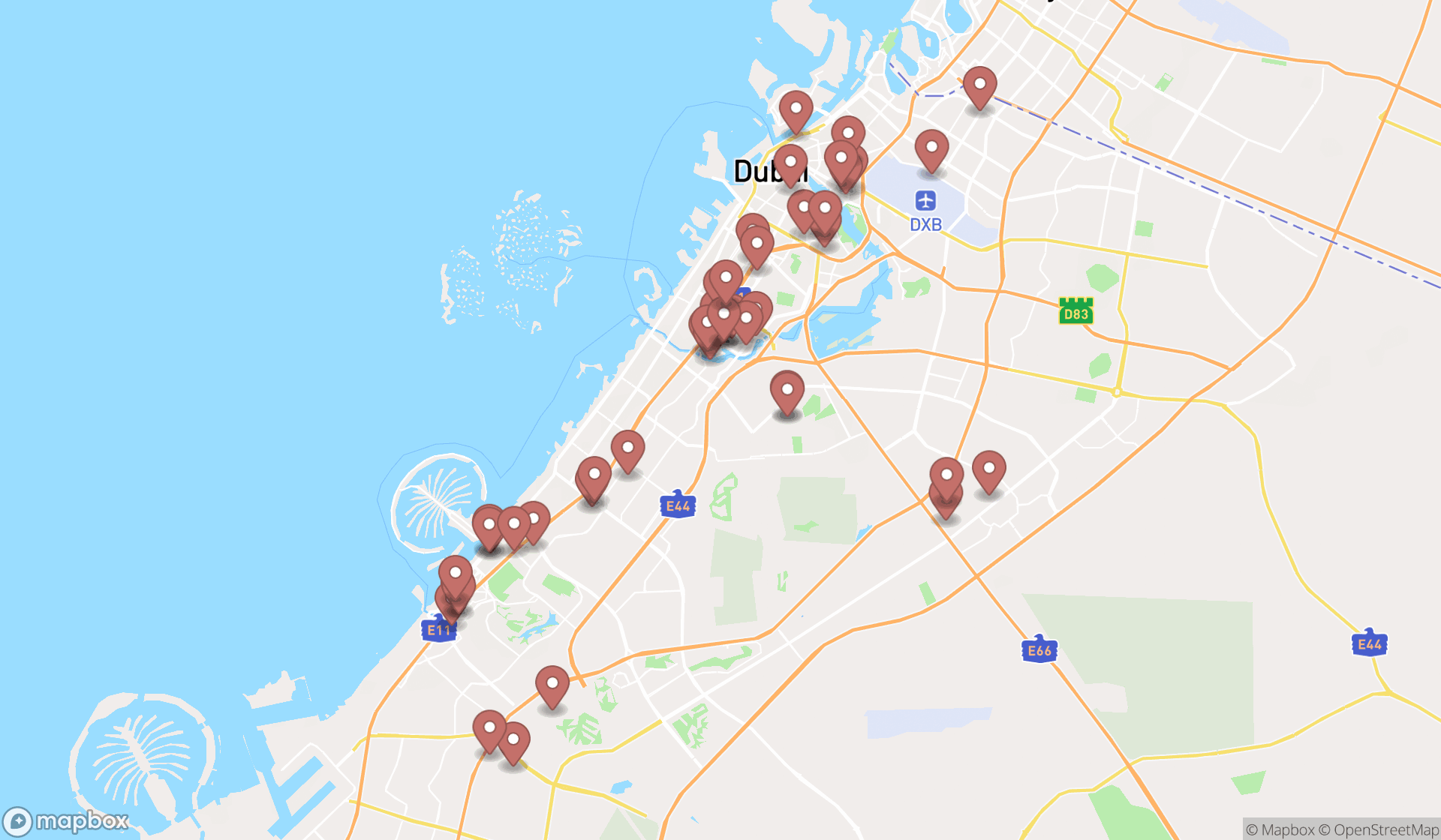 Map showing the search results in Dubai