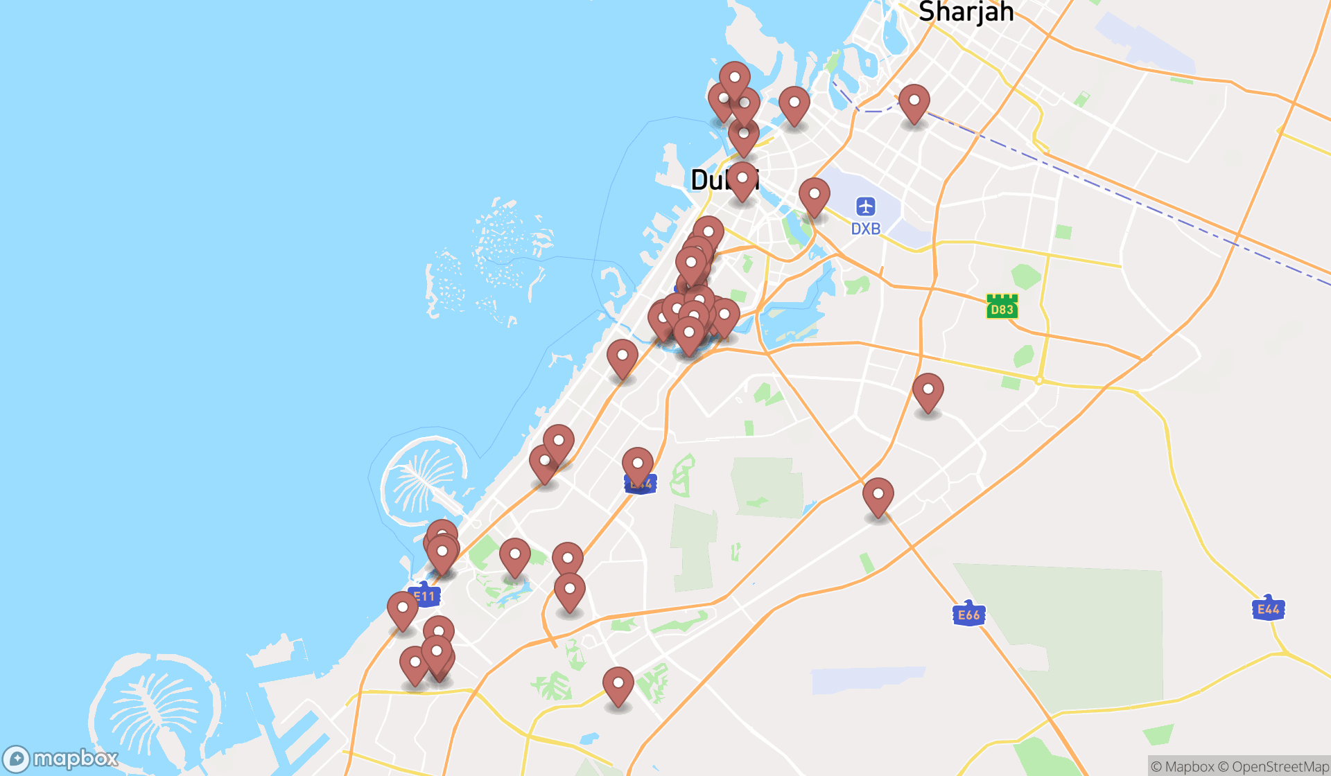 Map showing the search results in Dubai