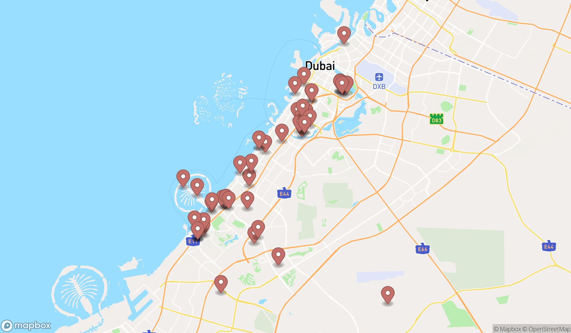 Map showing the search results in Dubai