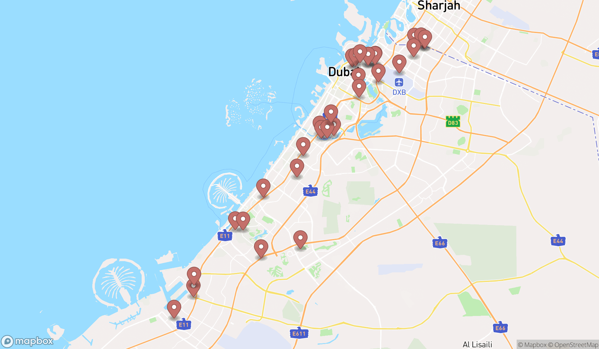 Map showing the search results in Dubai