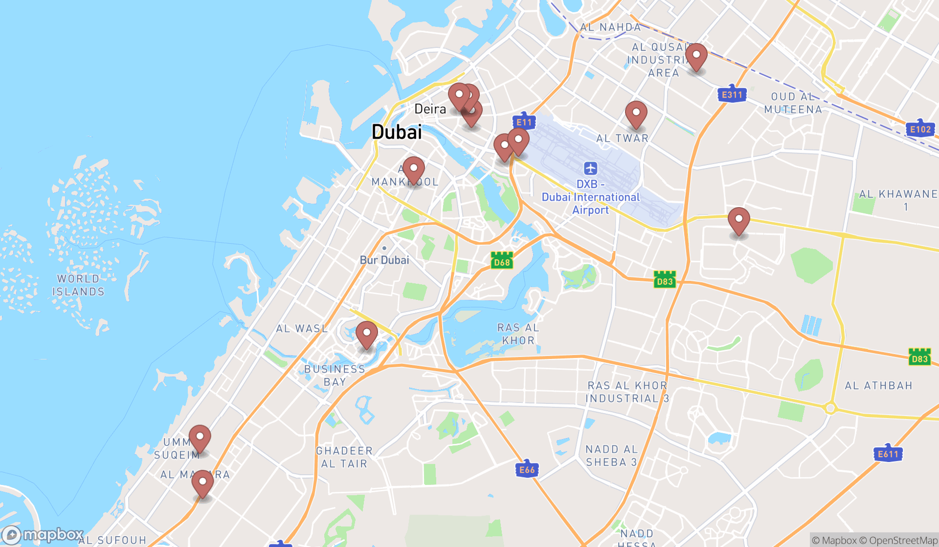 Map showing the search results in Dubai