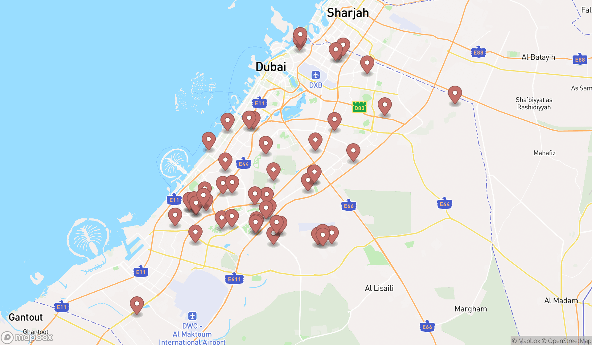 Map showing the search results in Dubai