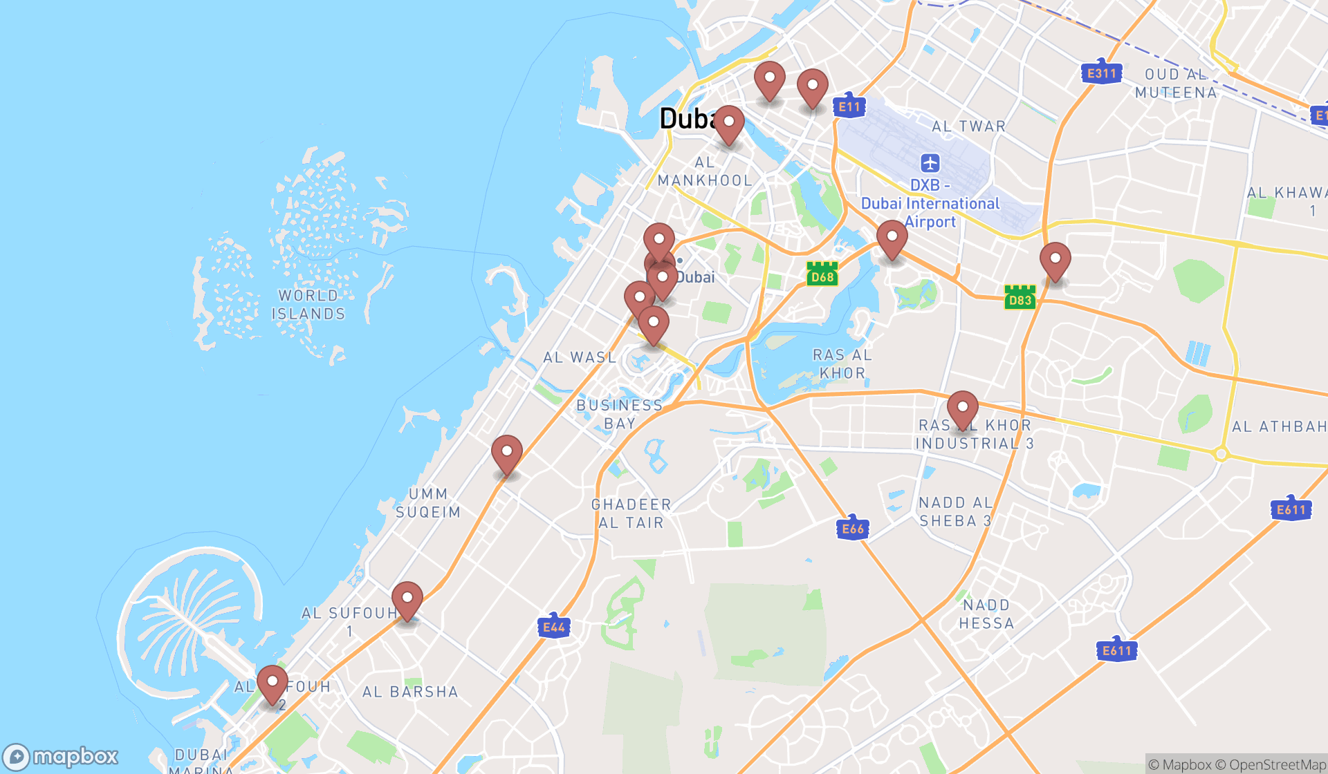 Map showing the search results in Dubai