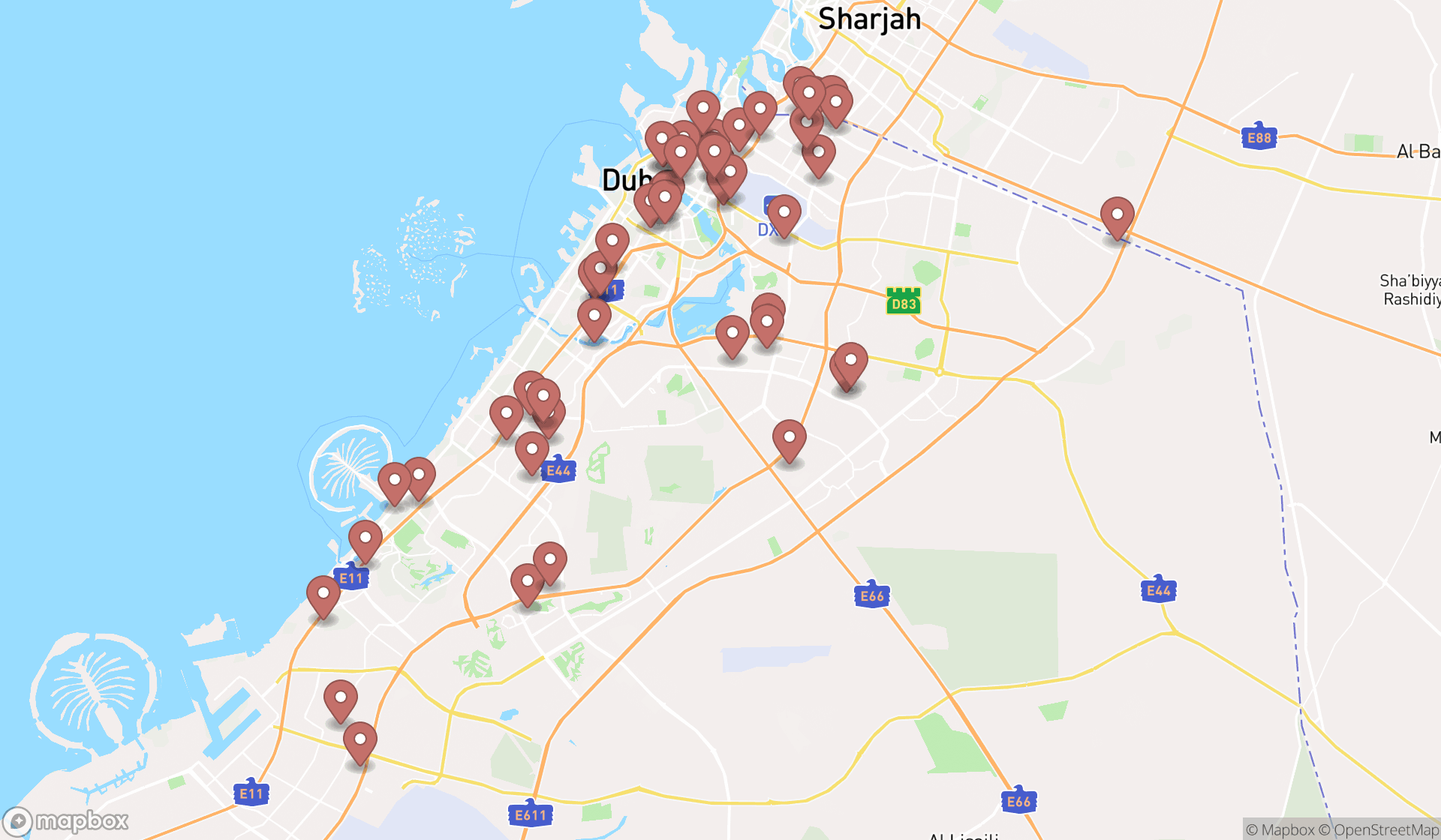 Map showing the search results in Dubai