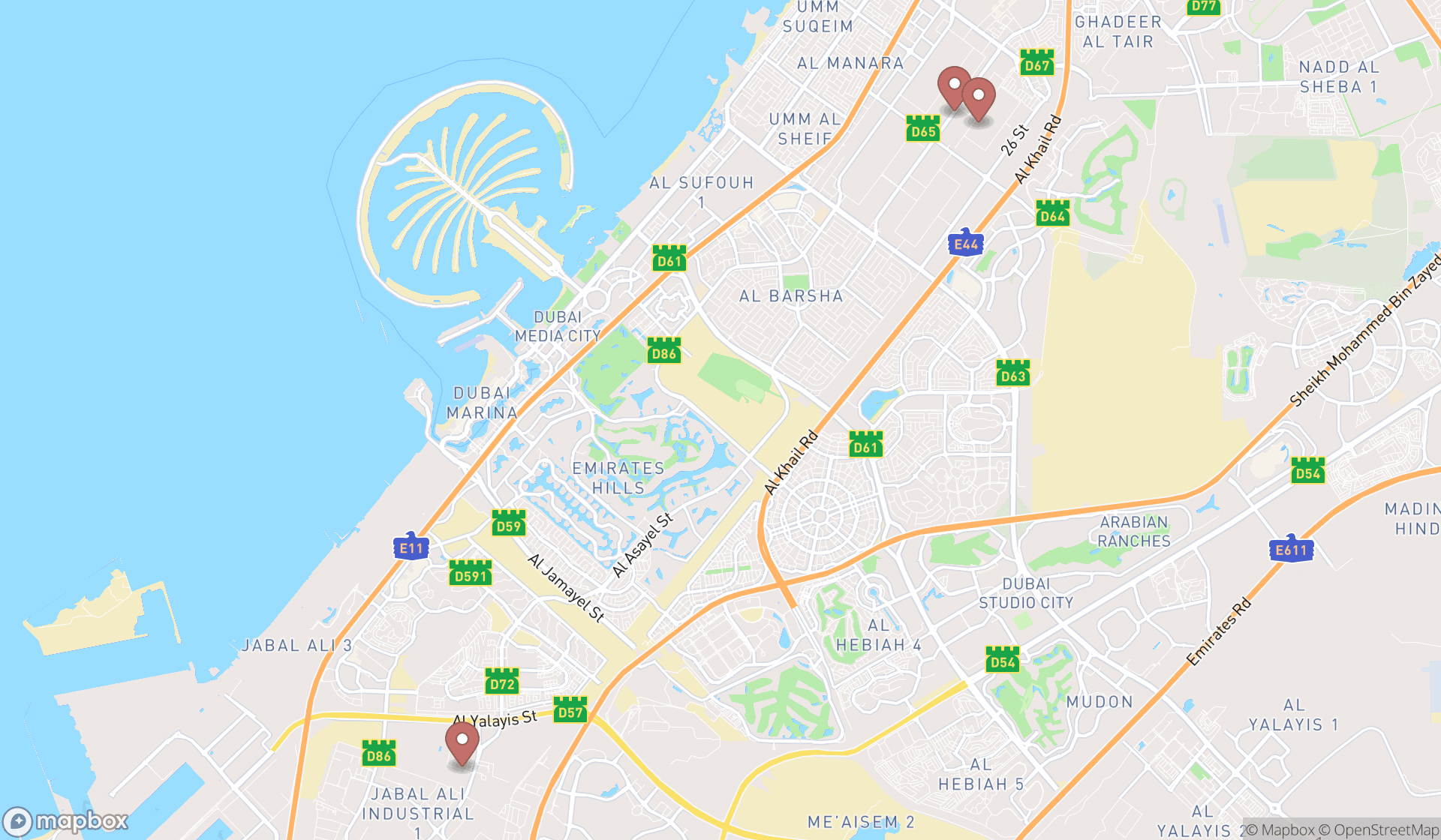 Map showing the search results in Dubai