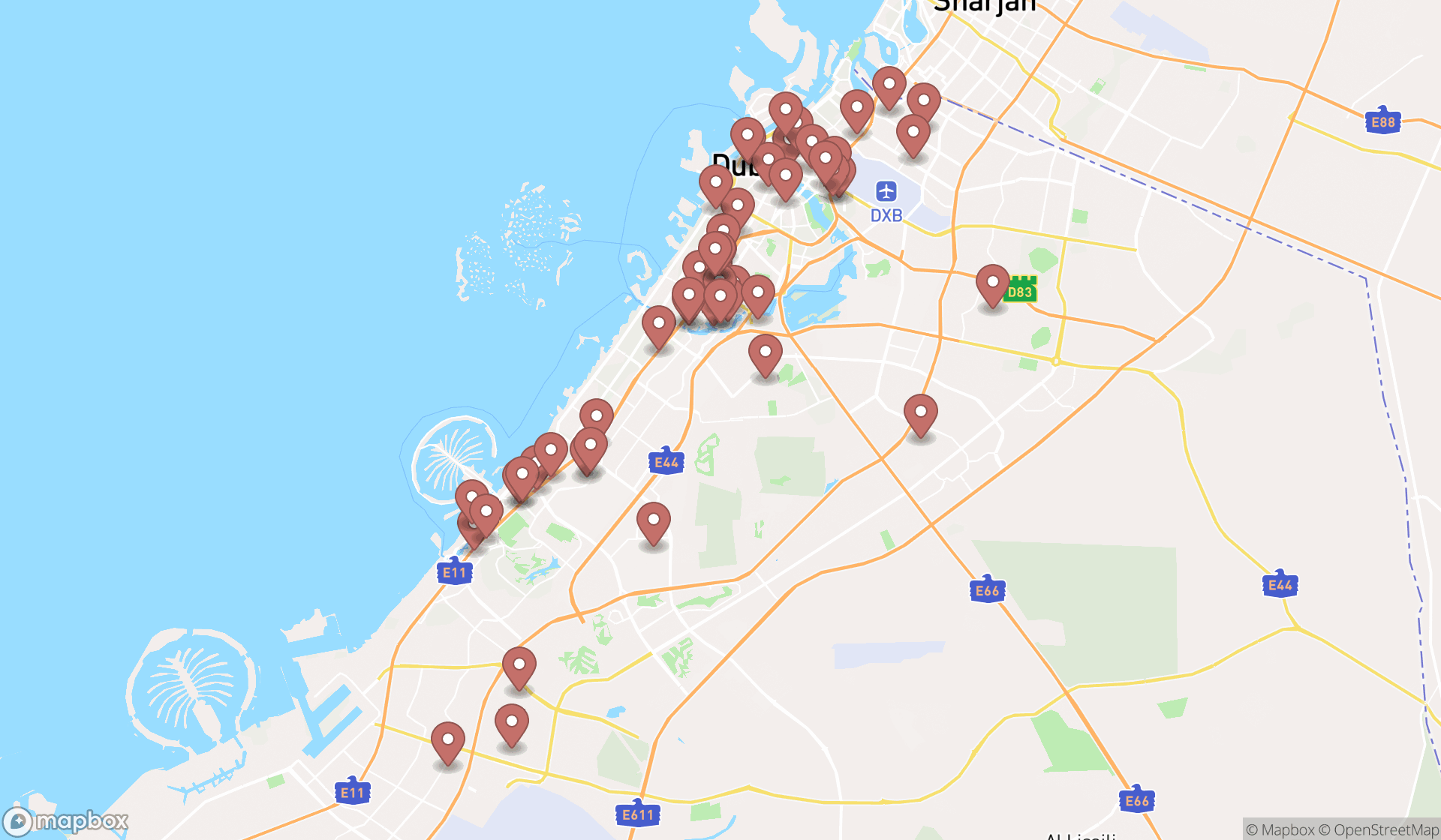Map showing the search results in Dubai