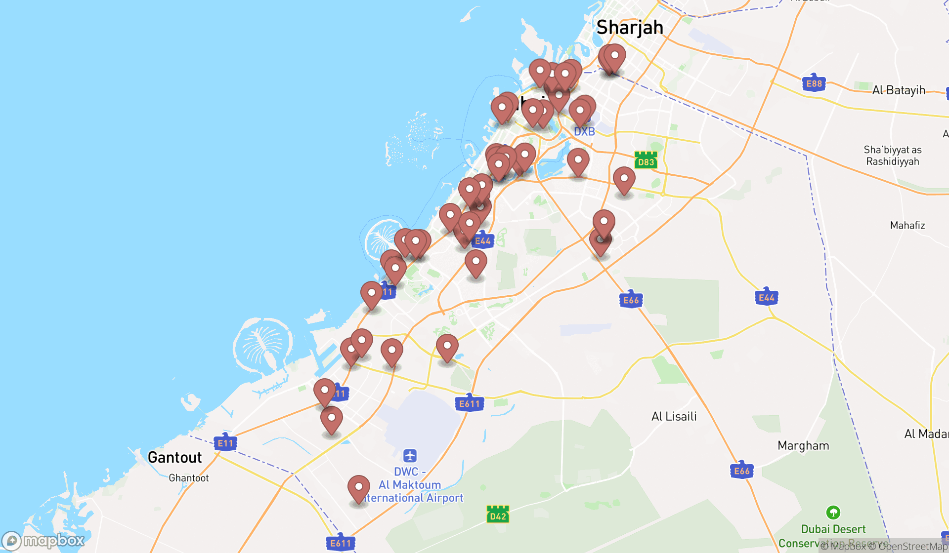 Map showing the search results in Dubai
