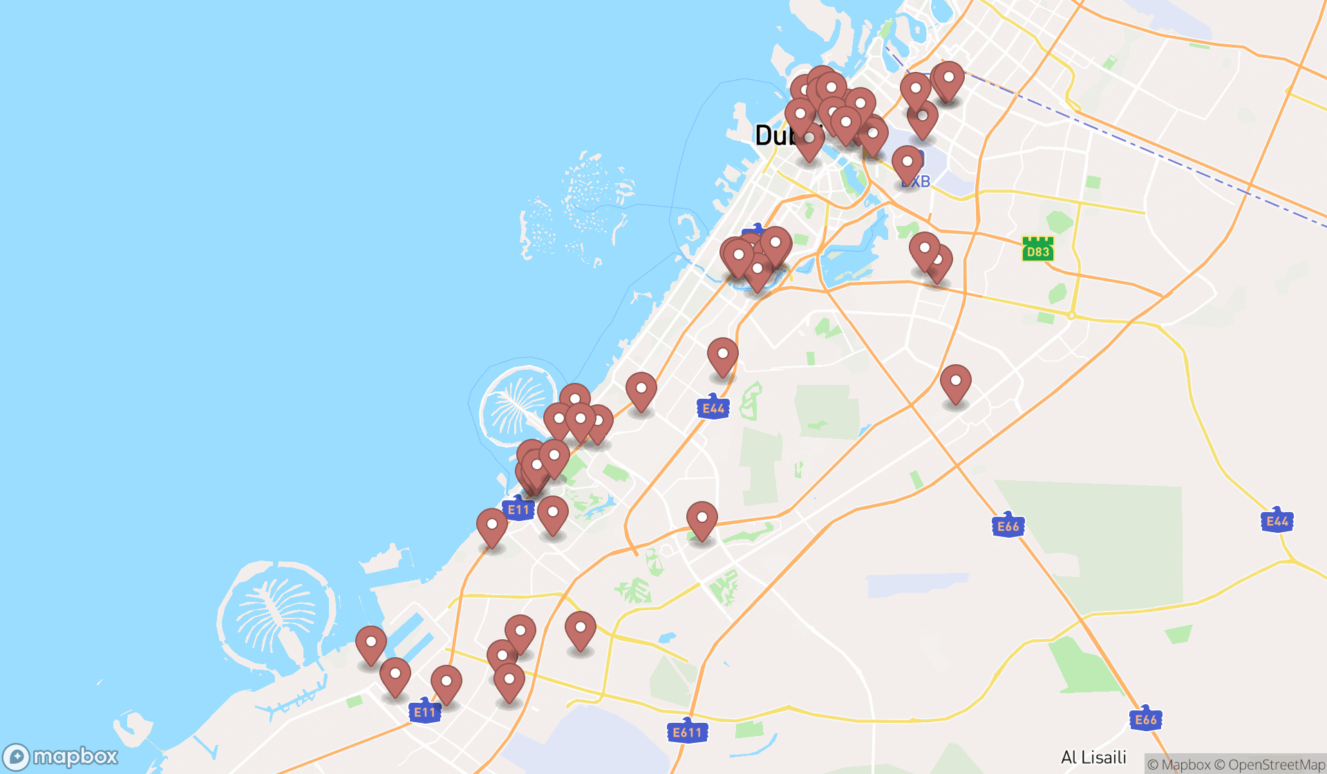 Map showing the search results in Dubai