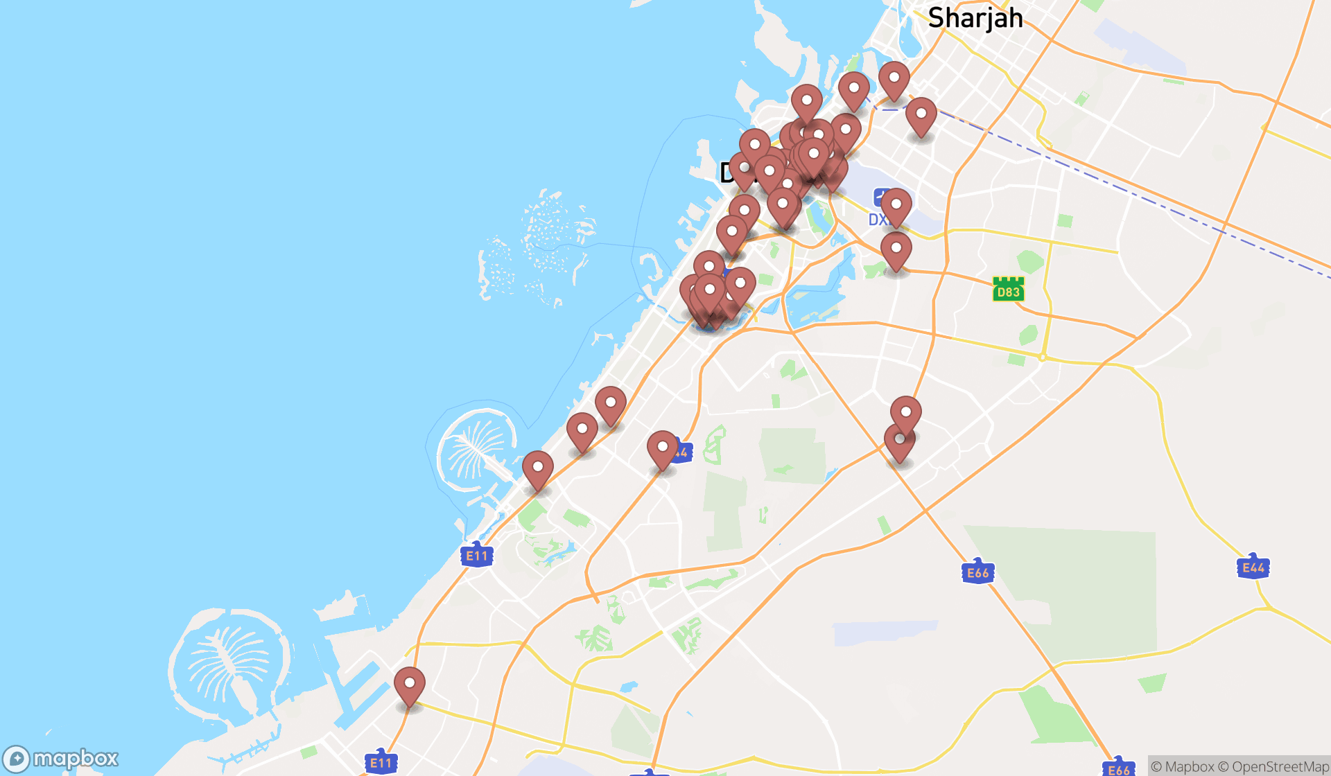Map showing the search results in Dubai