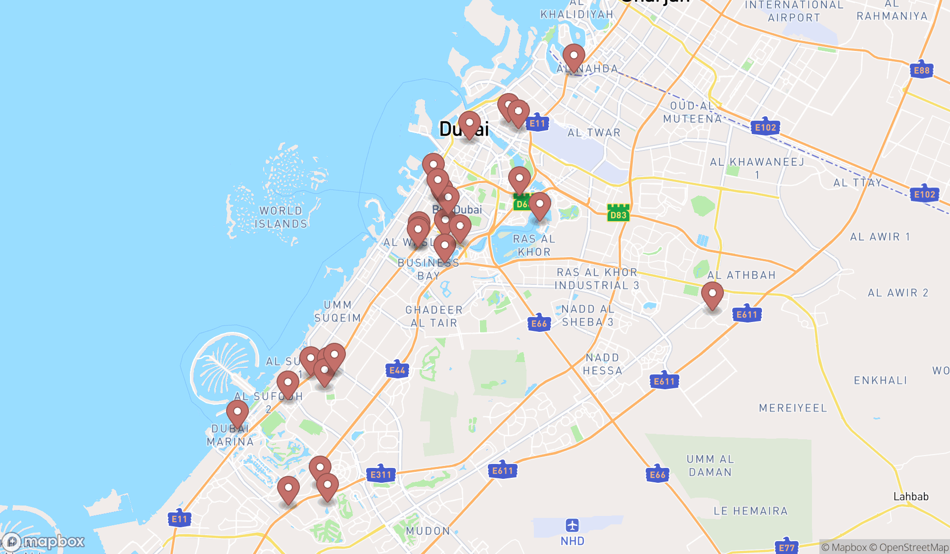 Map showing the search results in Dubai