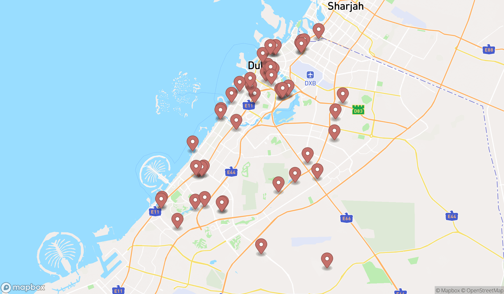 Map showing the search results in Dubai