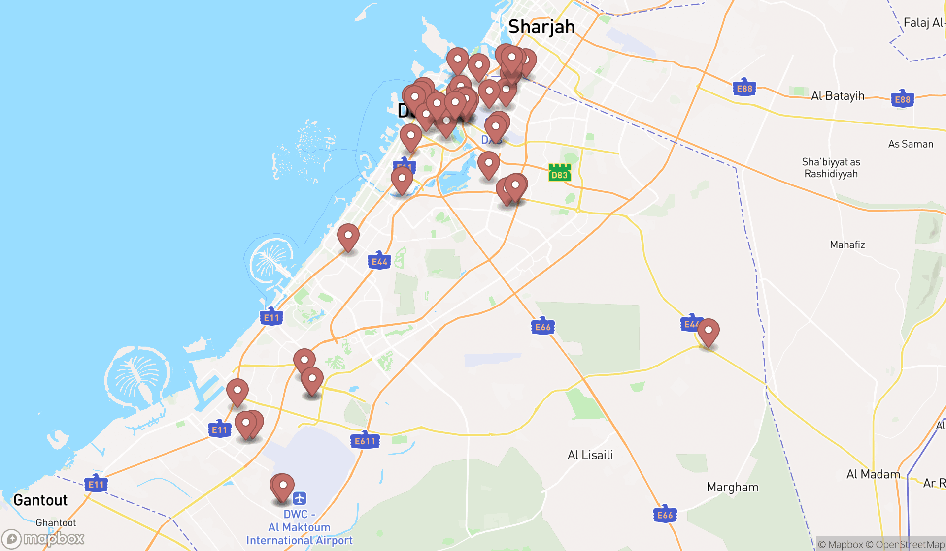Map showing the search results in Dubai