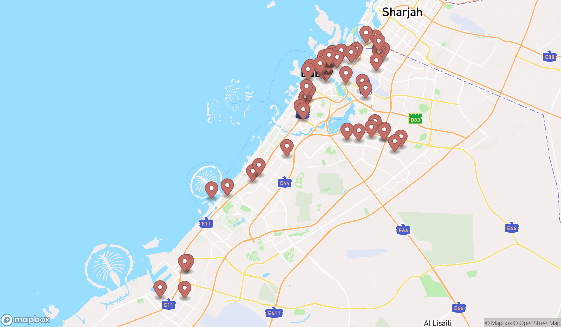 Map showing the search results in Dubai