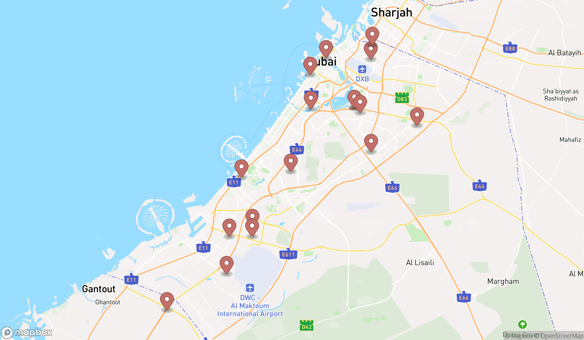 Map showing the search results in Dubai