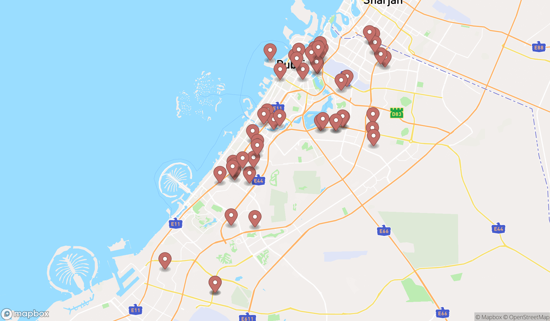 Map showing the search results in Dubai