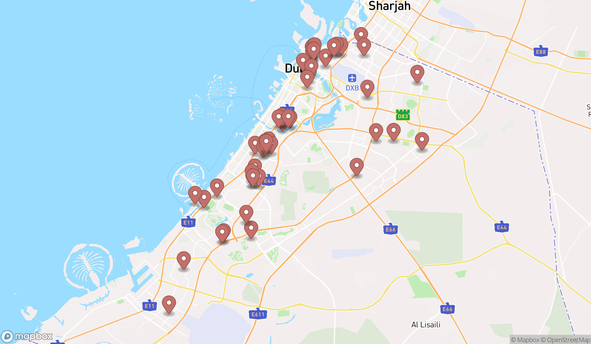 Map showing the search results in Dubai