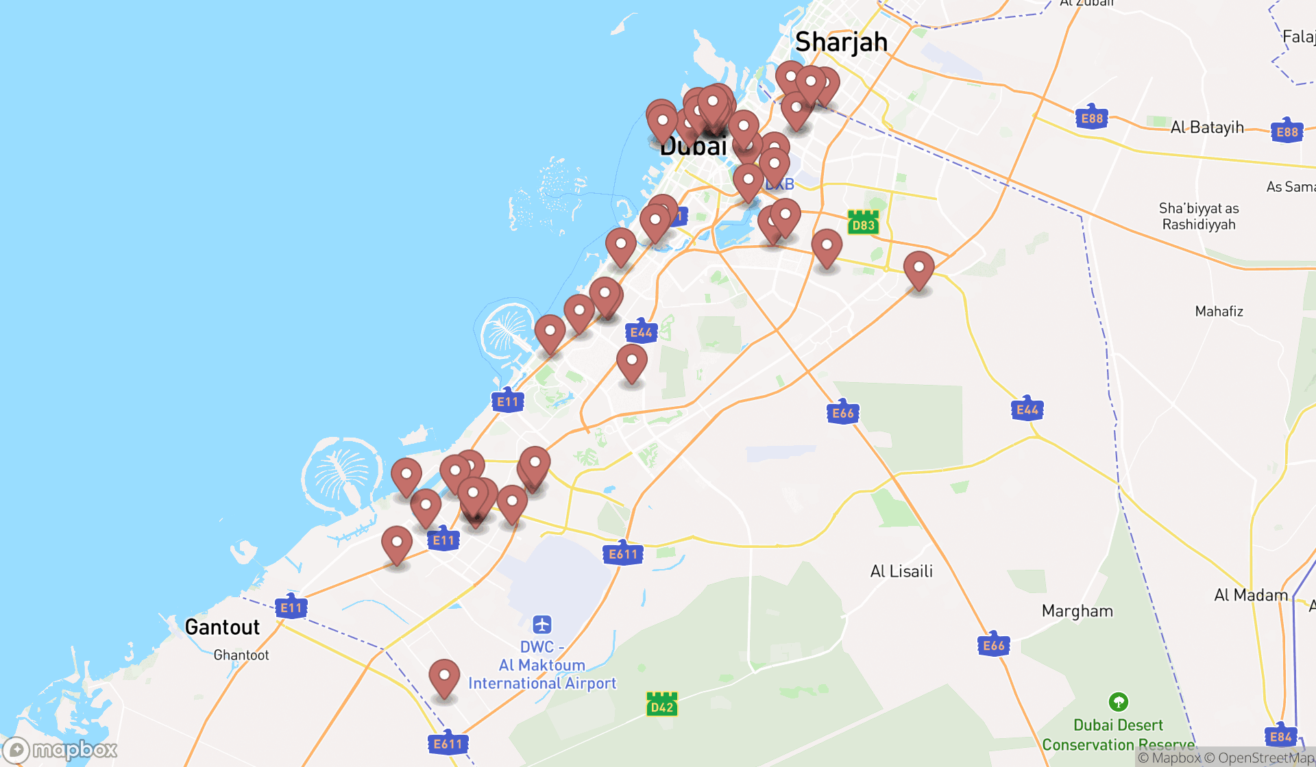 Map showing the search results in Dubai