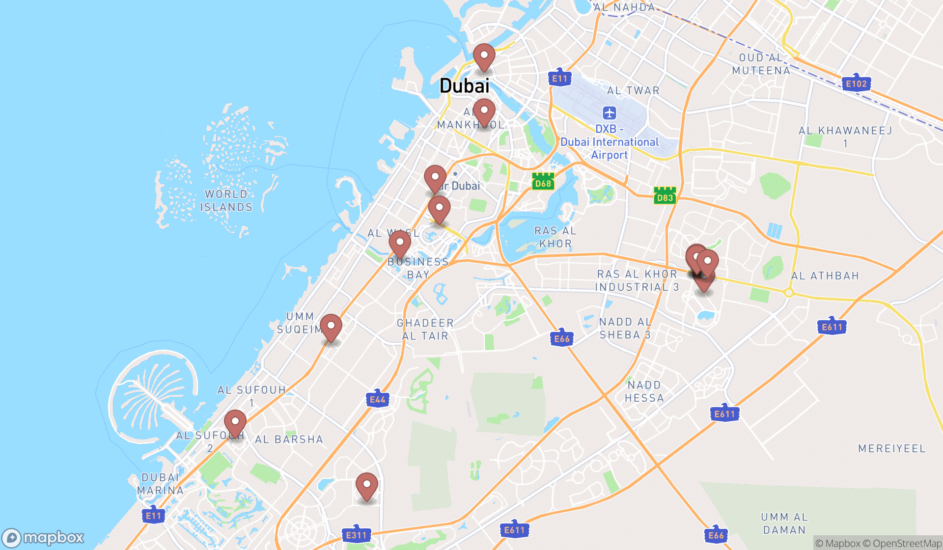 Map showing the search results in Dubai