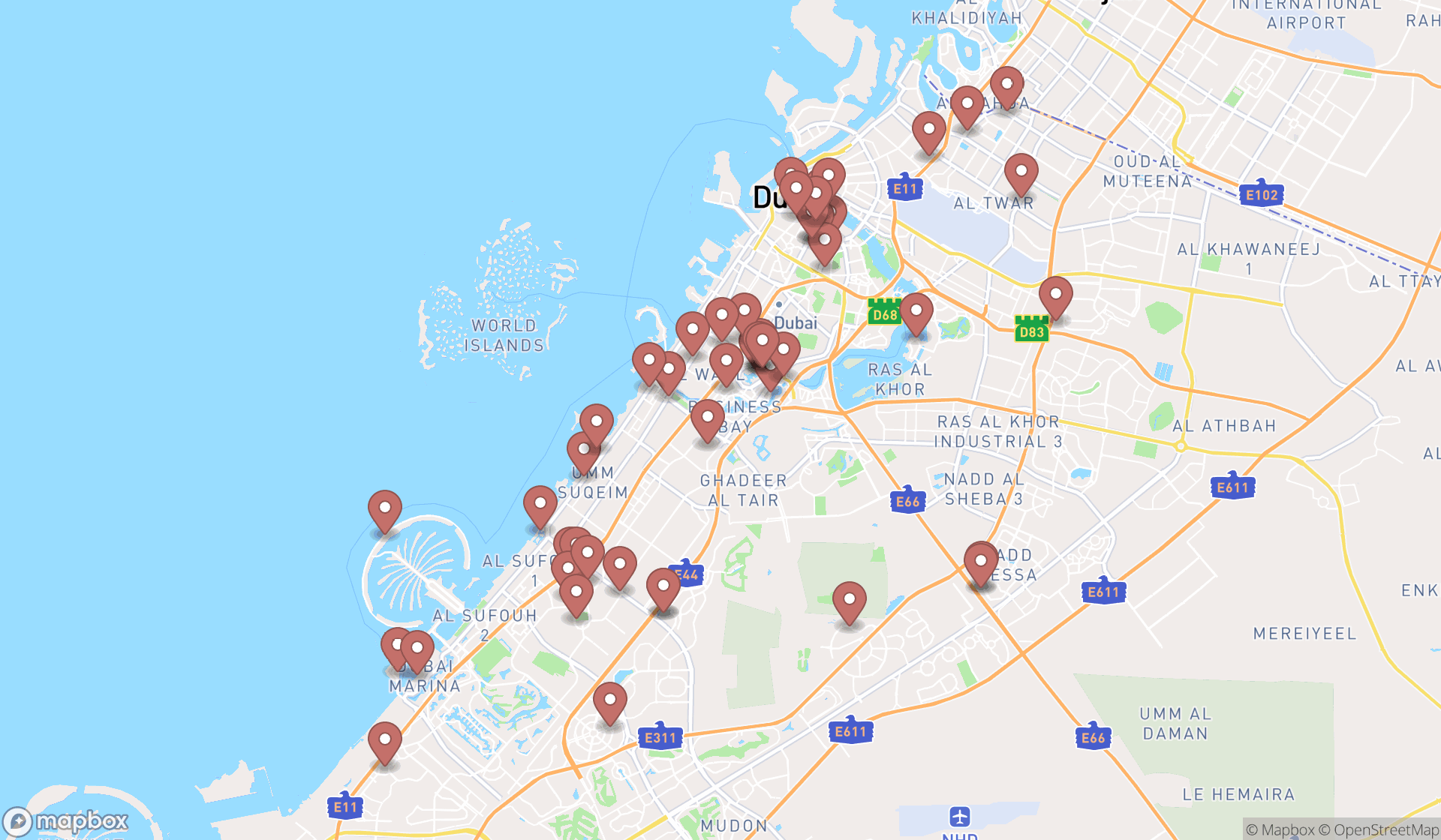 Map showing the search results in Dubai