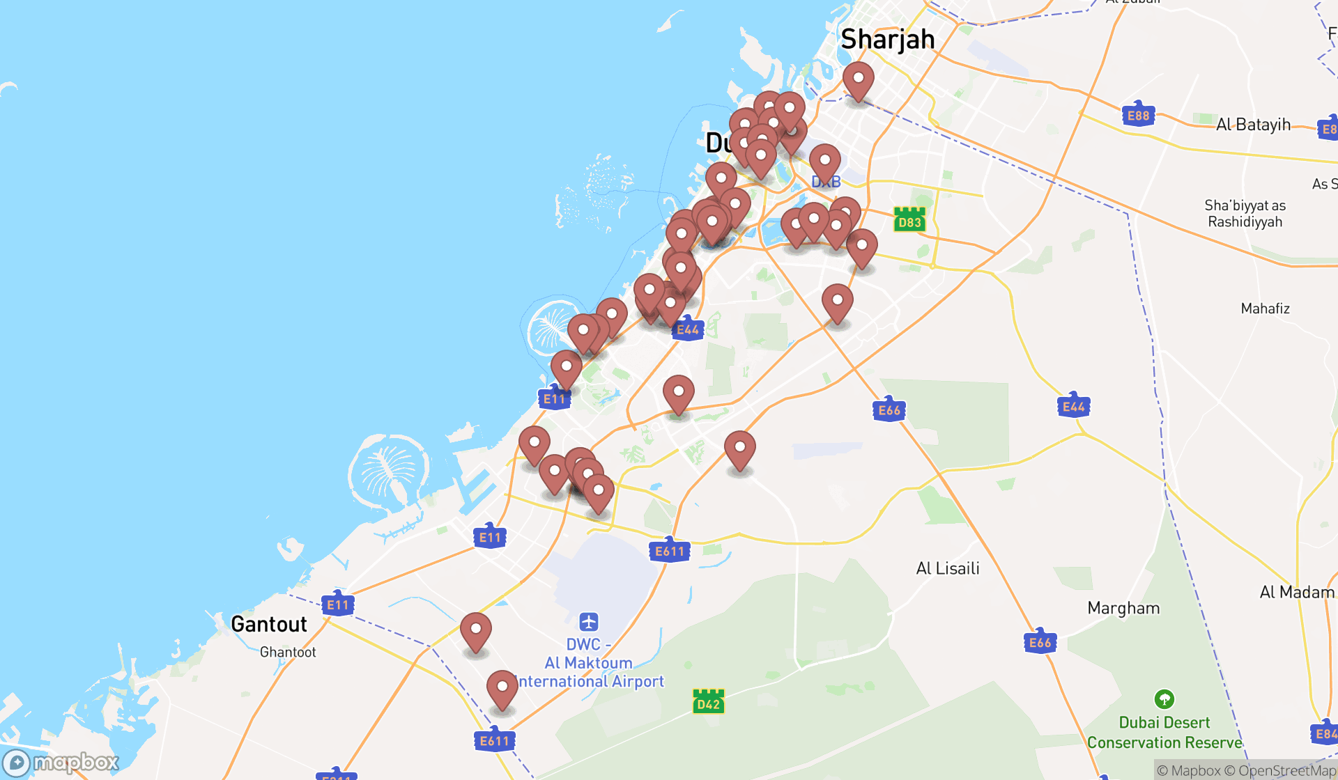 Map showing the search results in Dubai