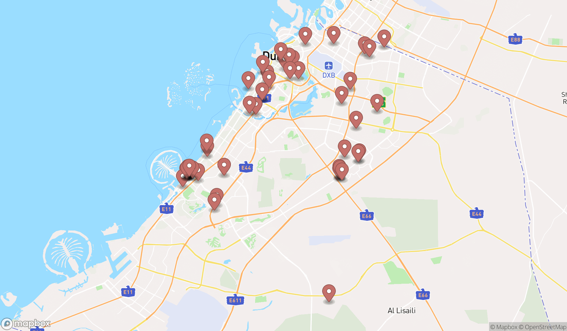 Map showing the search results in Dubai
