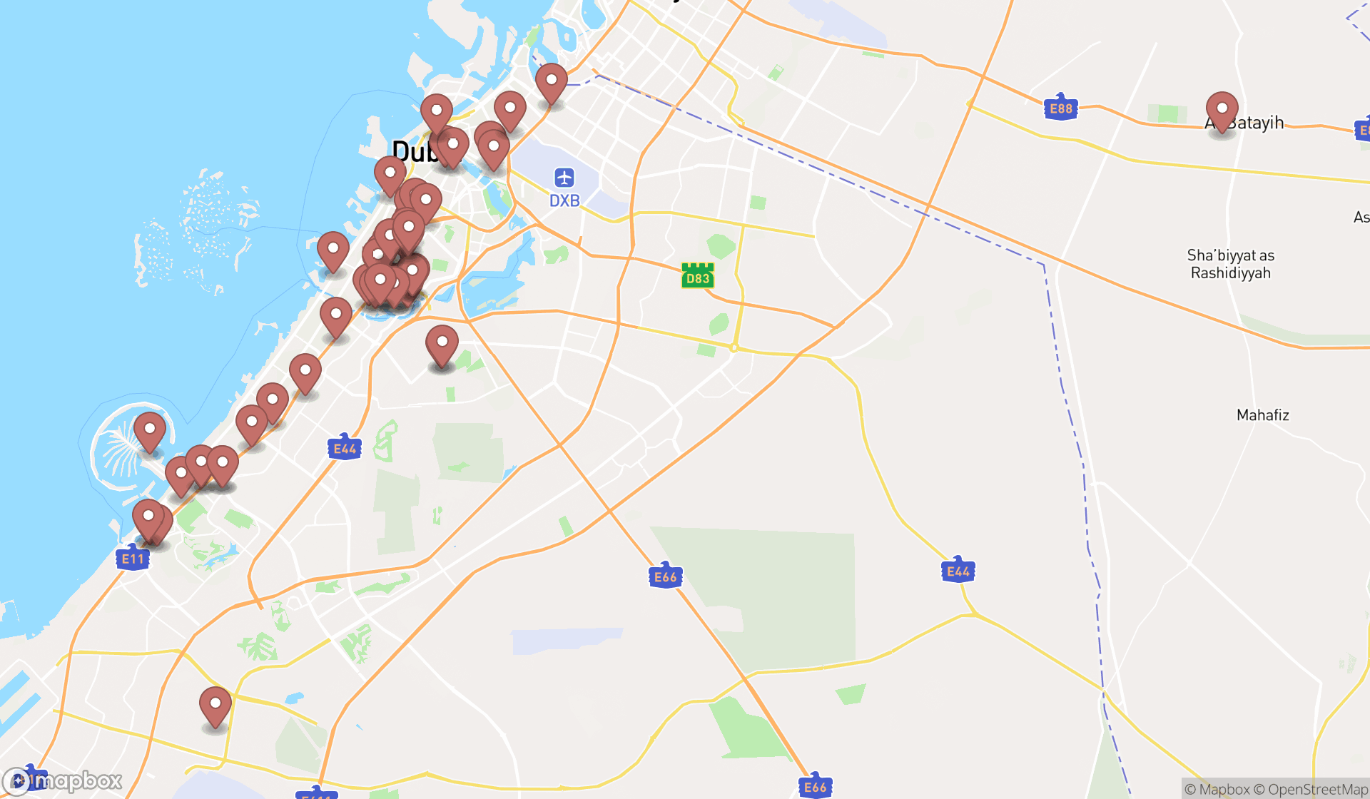 Map showing the search results in Dubai
