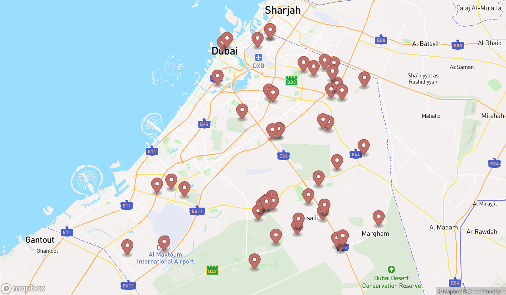Map showing the search results in Dubai