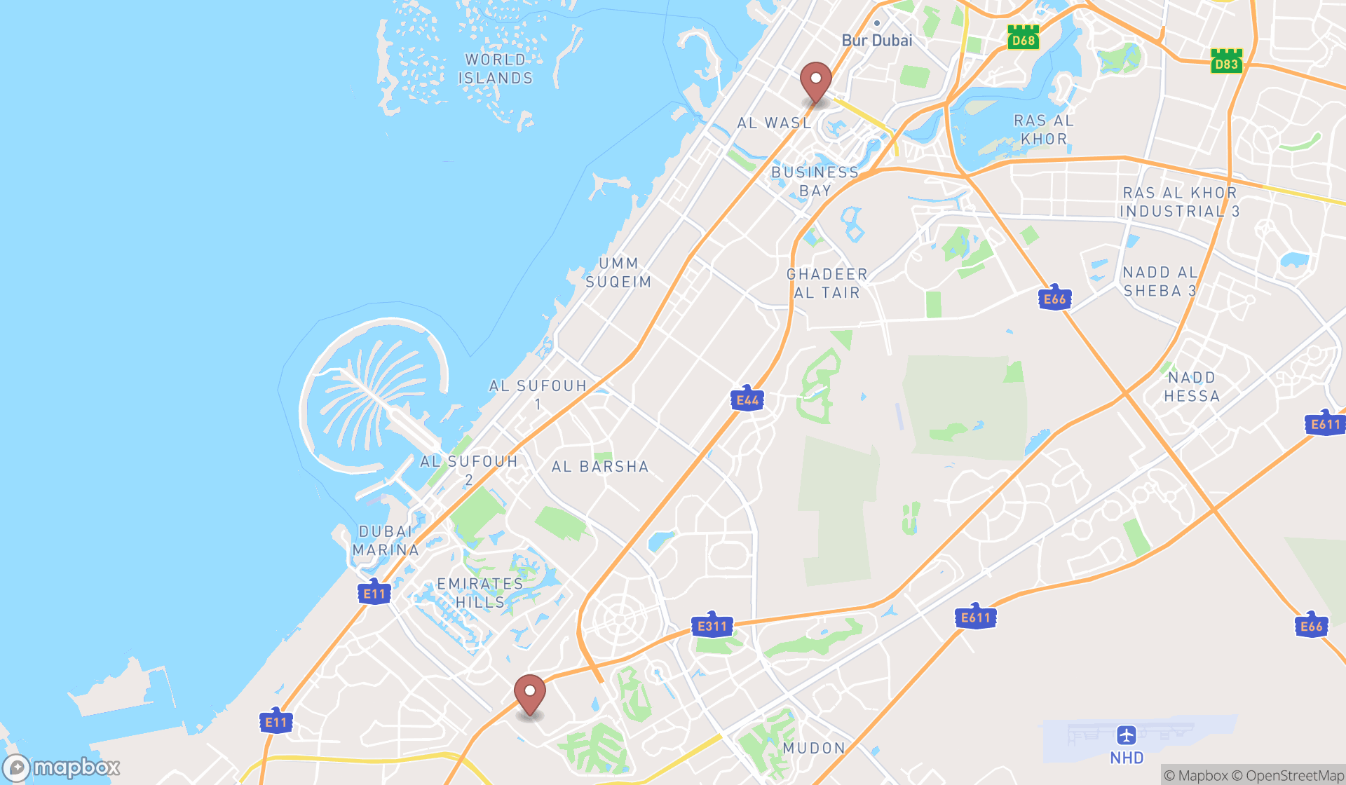 Map showing the search results in Dubai