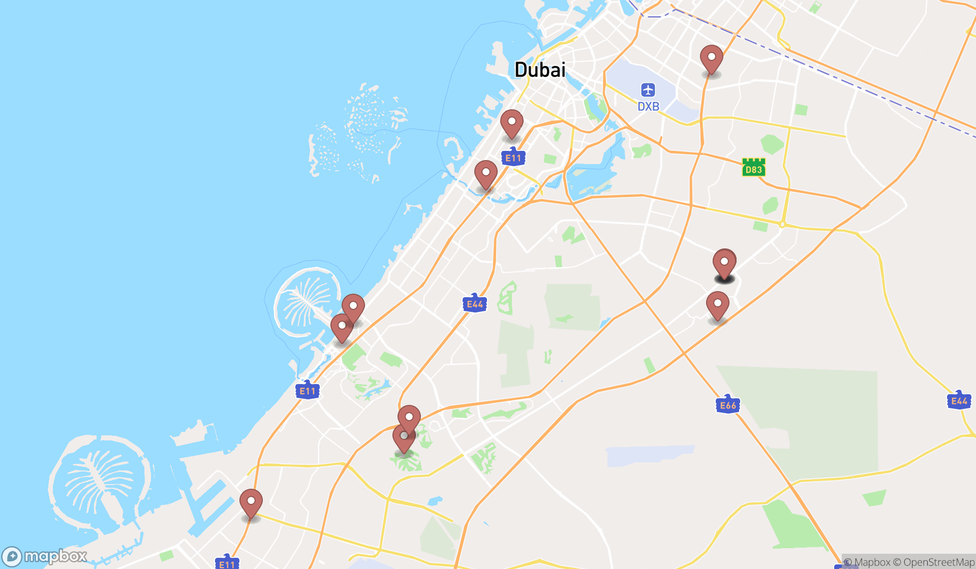 Map showing the search results in Dubai