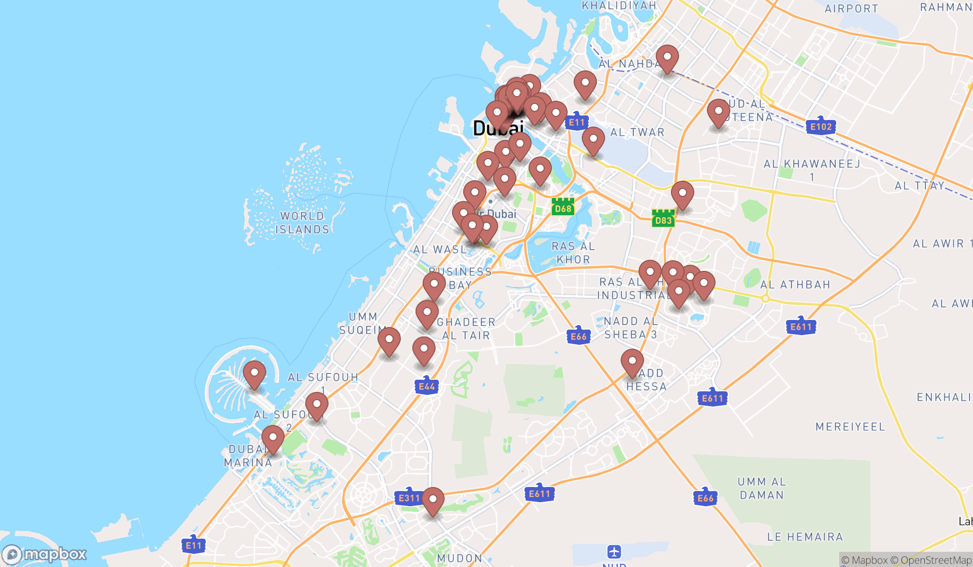 Map showing the search results in Dubai