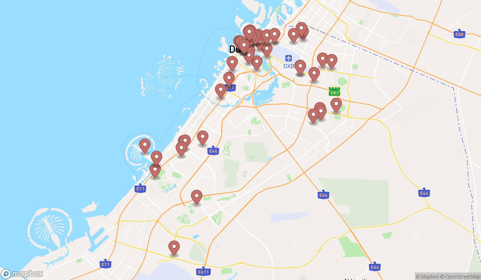 Map showing the search results in Dubai