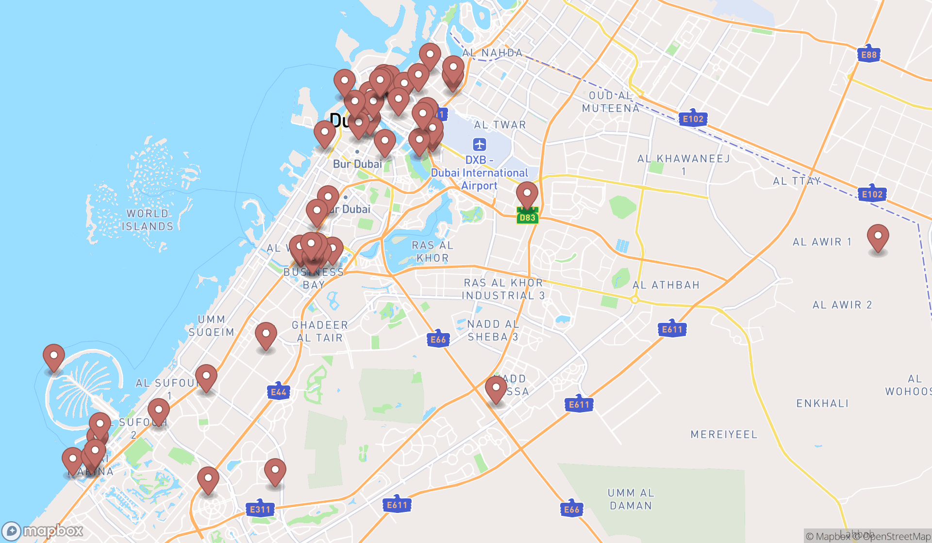 Map showing the search results in Dubai