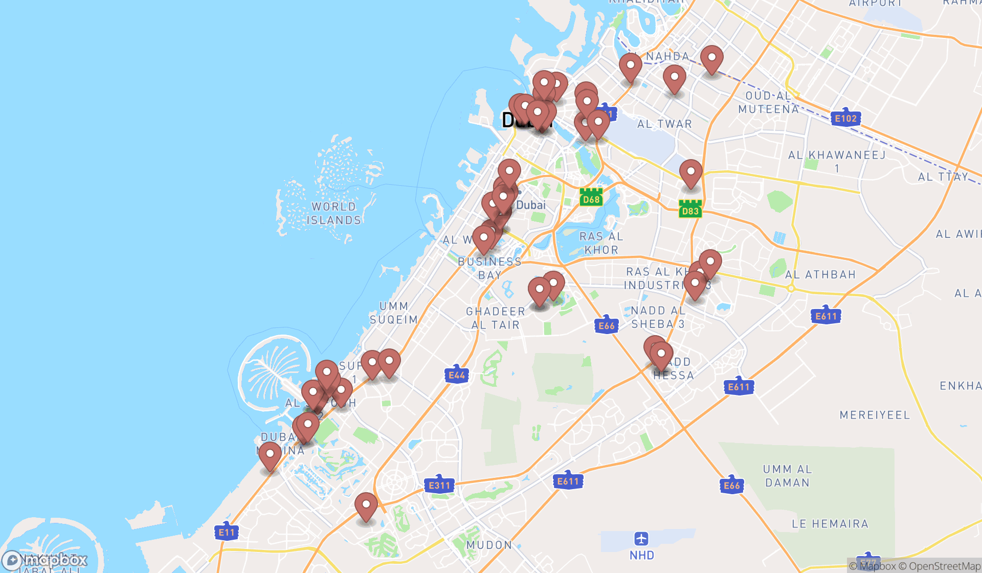 Map showing the search results in Dubai