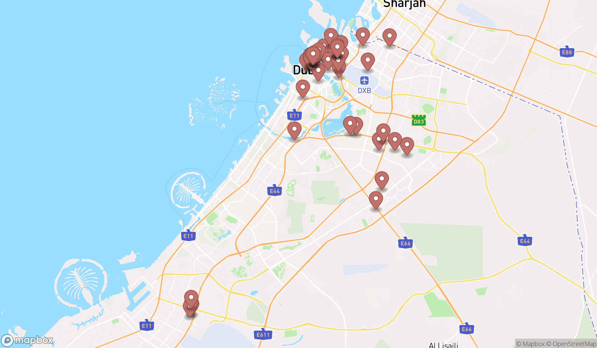 Map showing the search results in Dubai