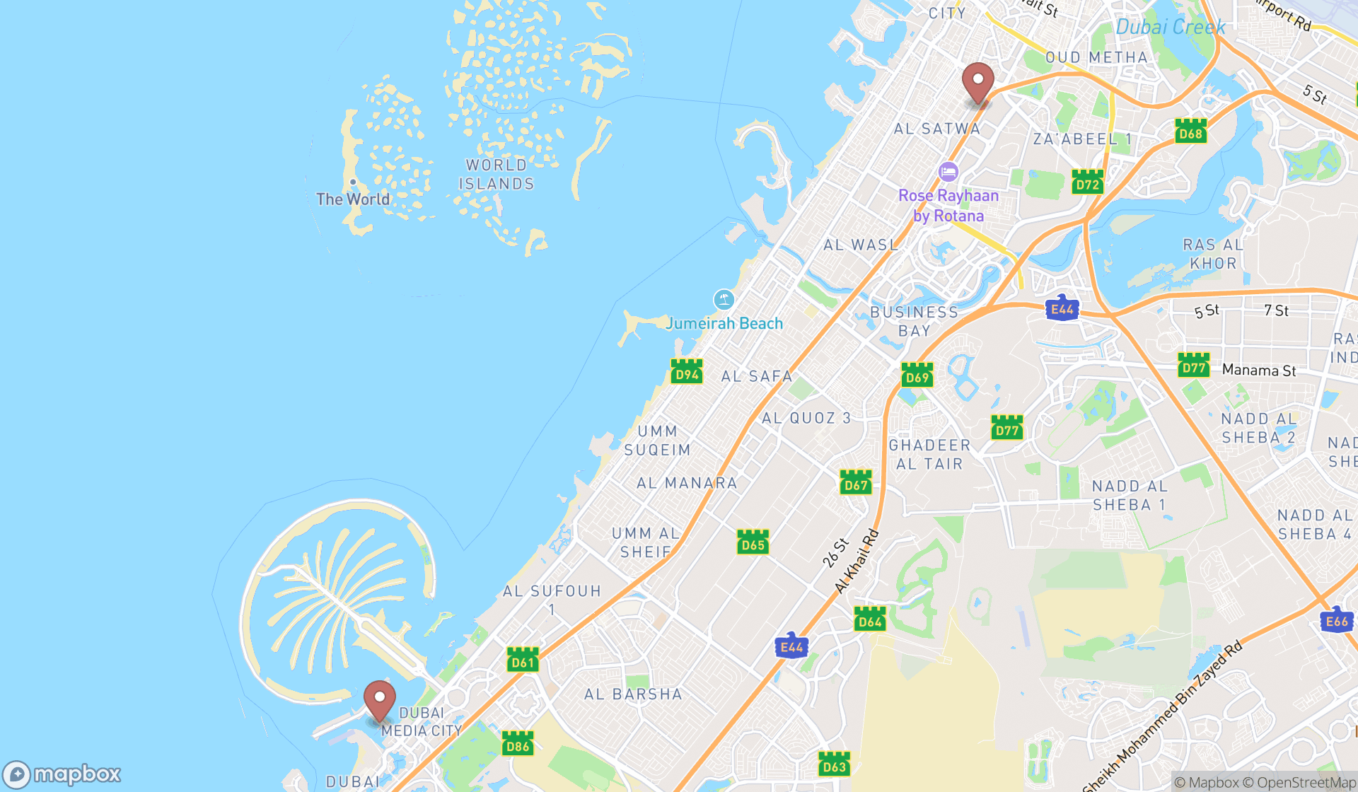 Map showing the search results in Dubai