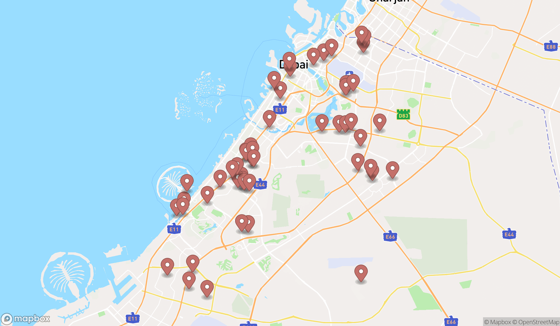 Map showing the search results in Dubai