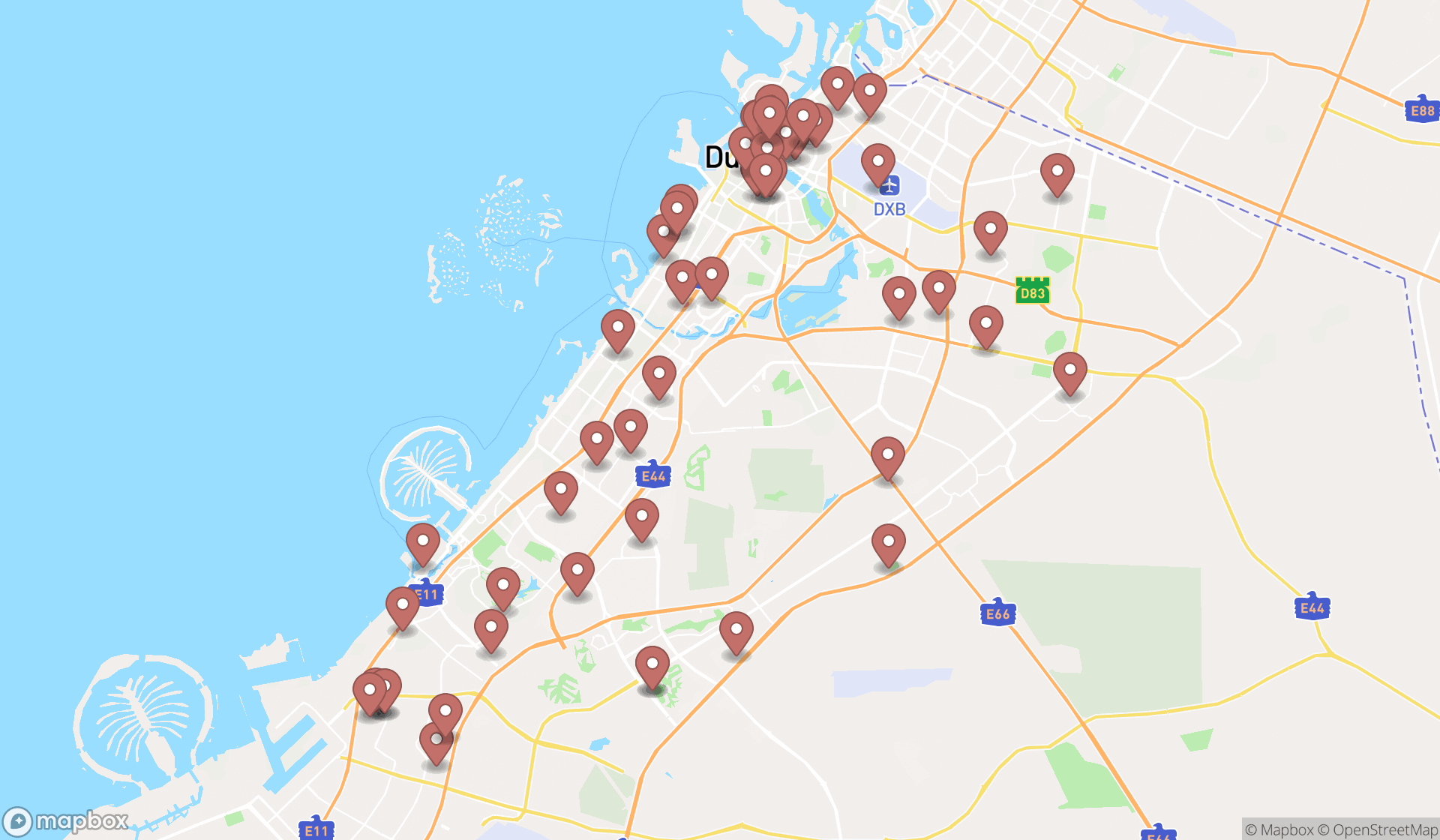 Map showing the search results in Dubai