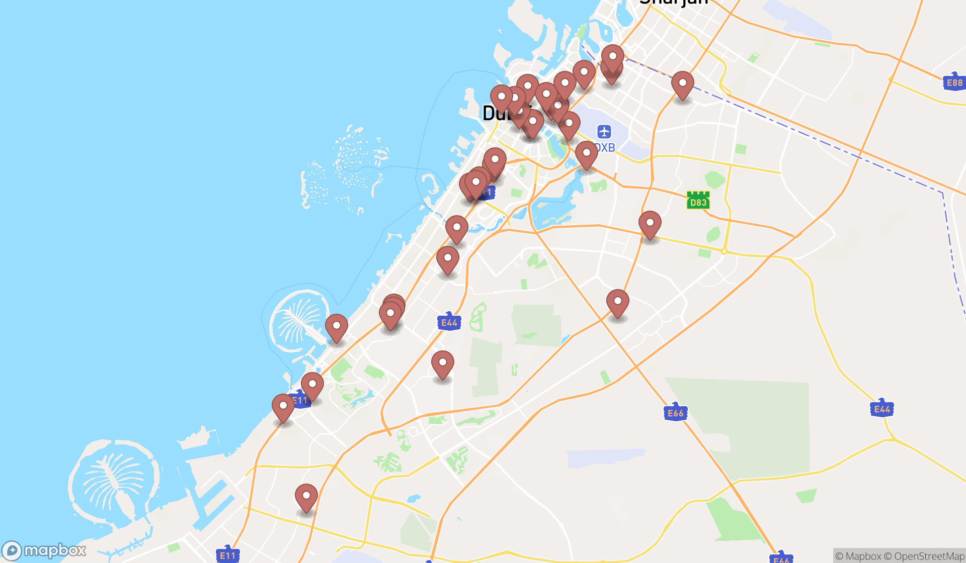 Map showing the search results in Dubai