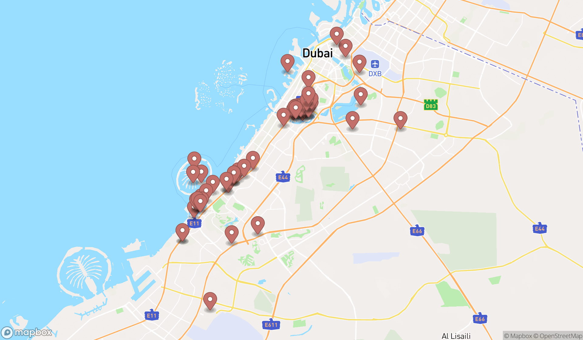 Map showing the search results in Dubai