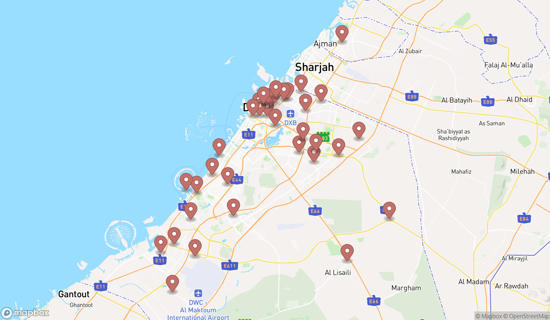 Map showing the search results in Dubai