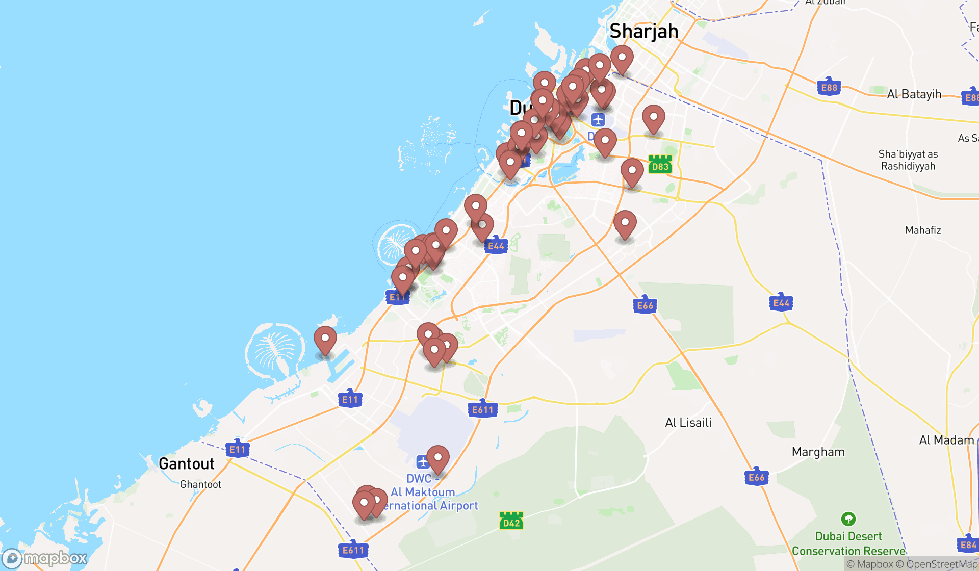 Map showing the search results in Dubai