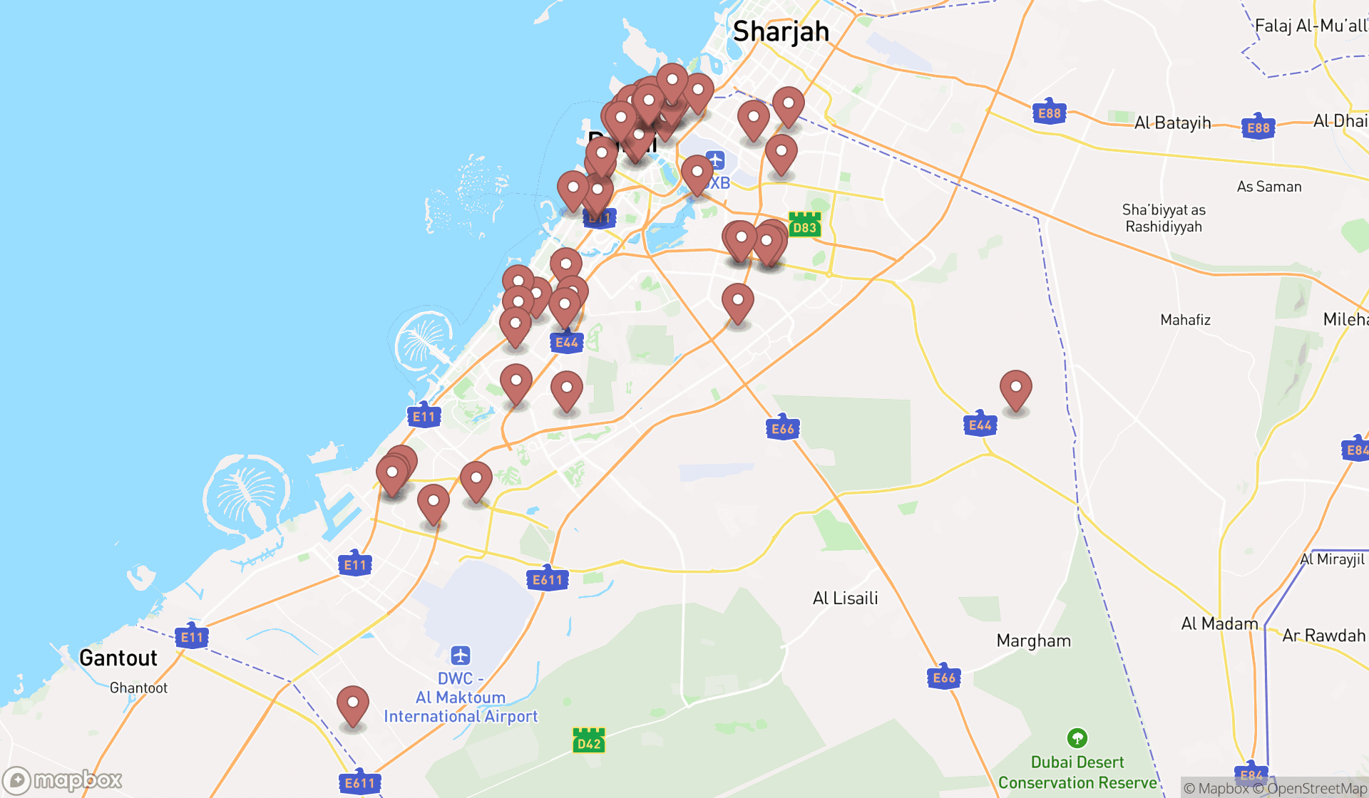 Map showing the search results in Dubai