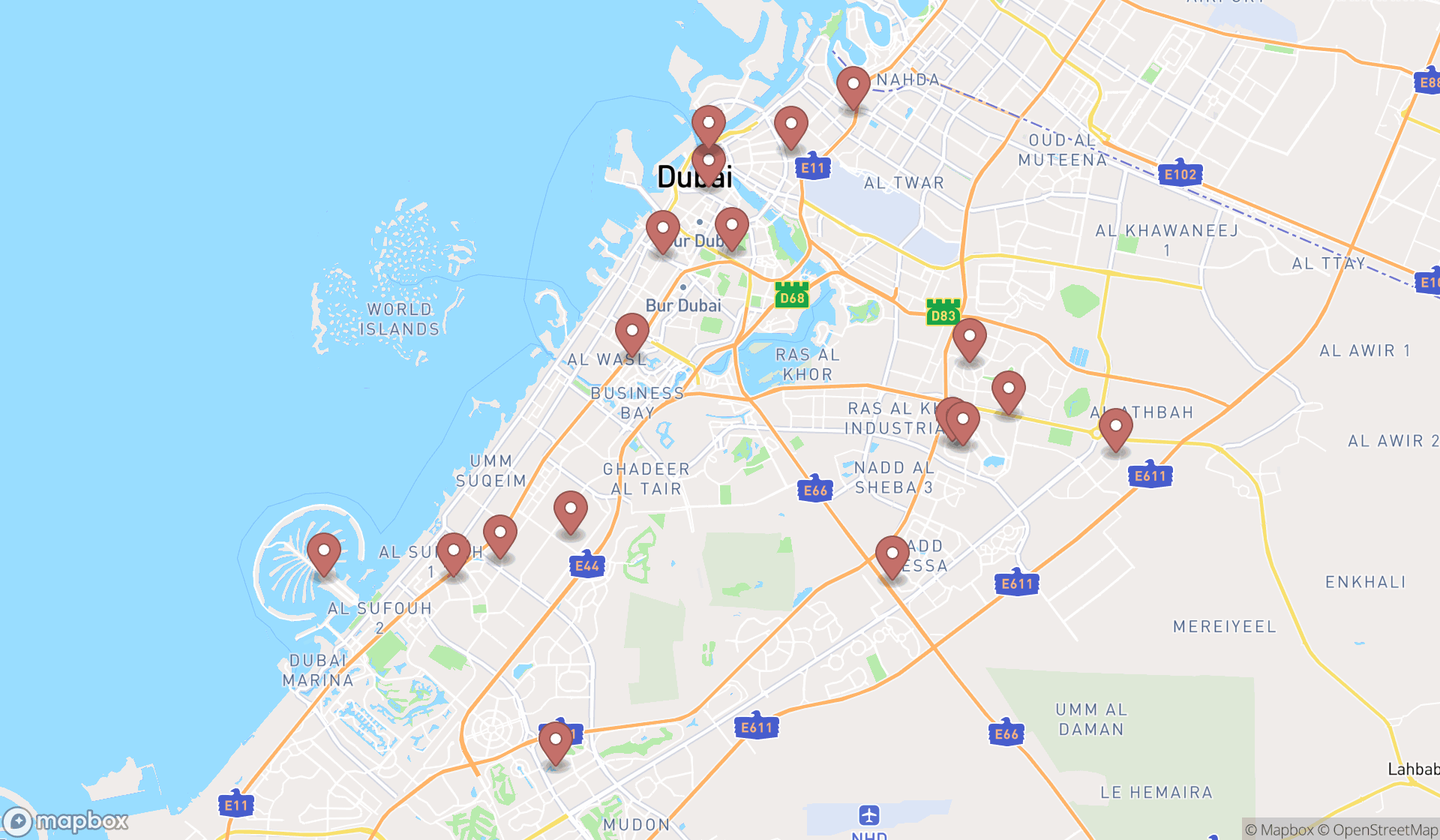 Map showing the search results in Dubai
